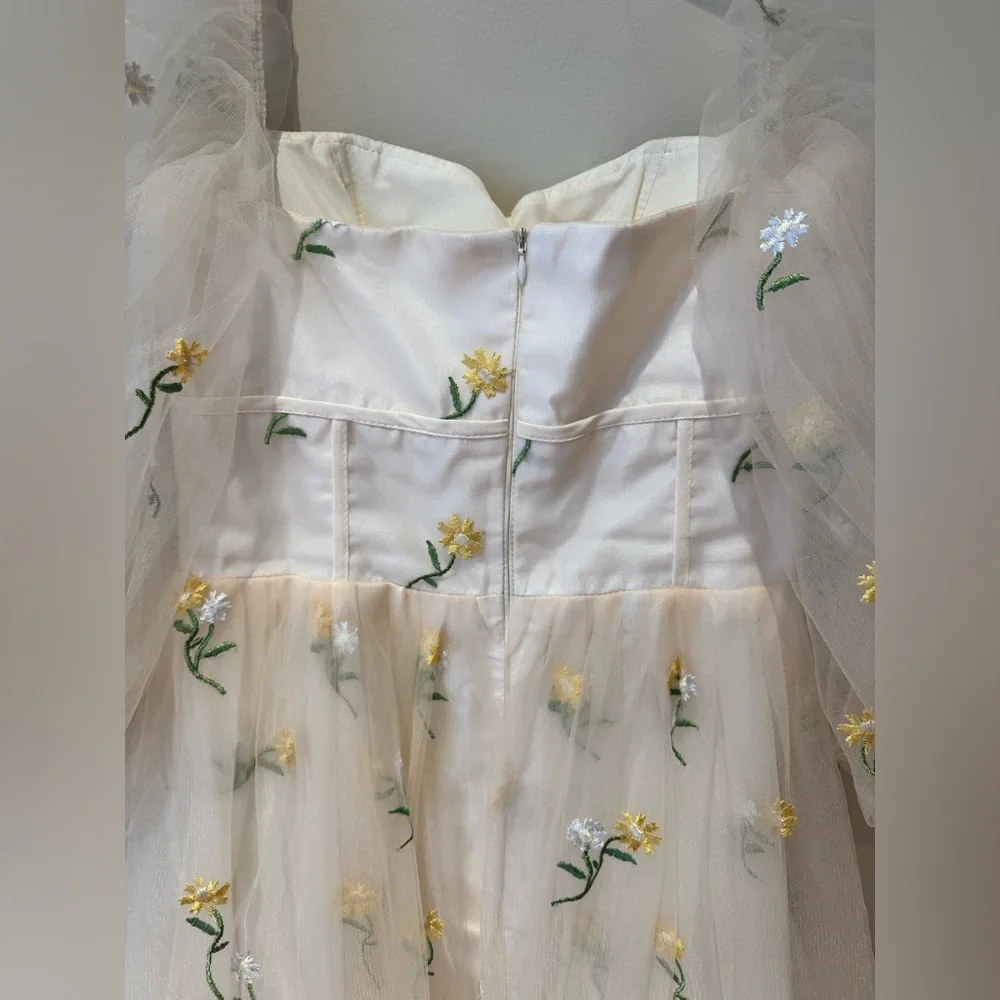 Sheer Embroidered Ivory Prom Dress with Yellow Floral Details - Picture 5 of 5